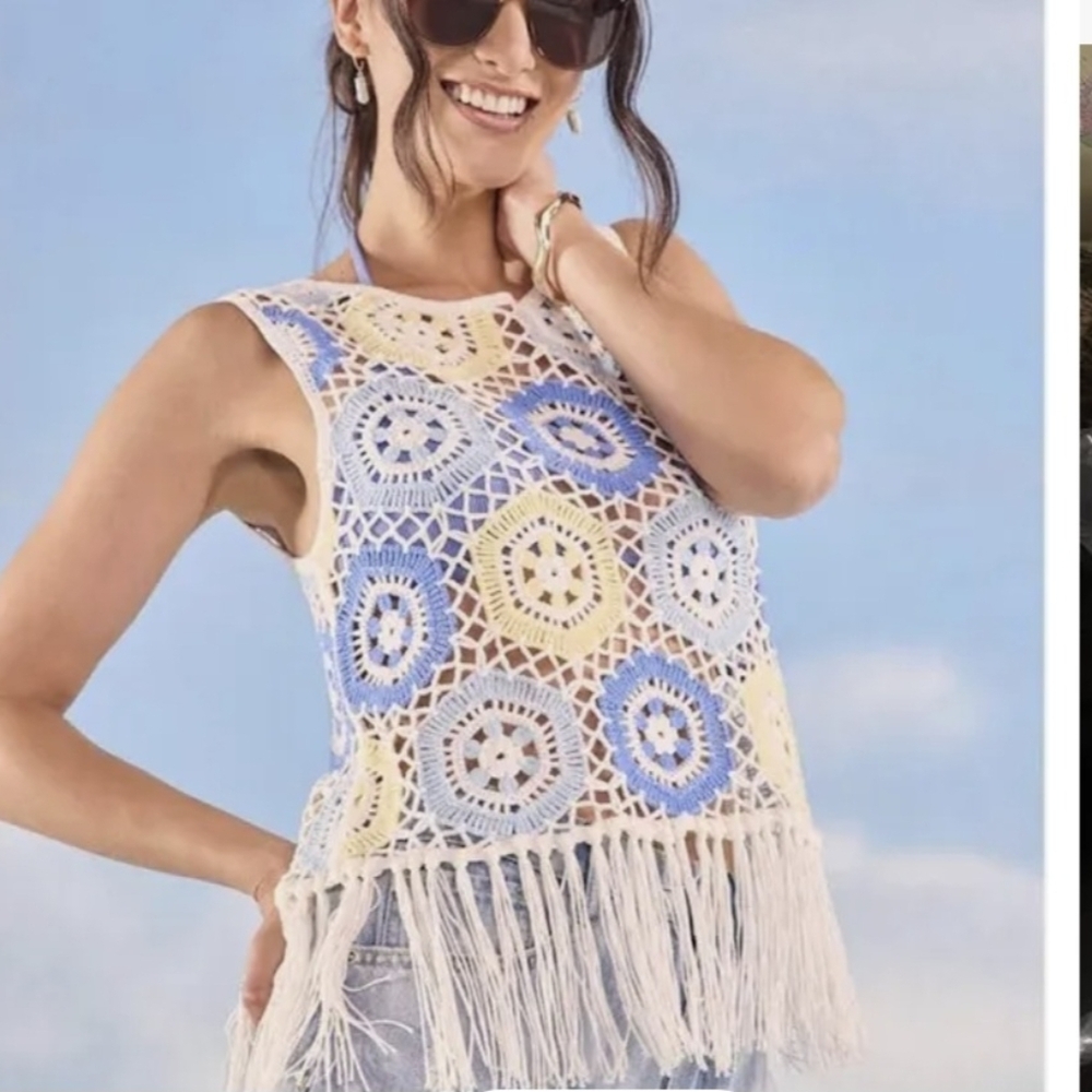 Francesca's Crochet Fringe Tank Top - Blue, Yellow, White, Size M, NEW WITH TAG